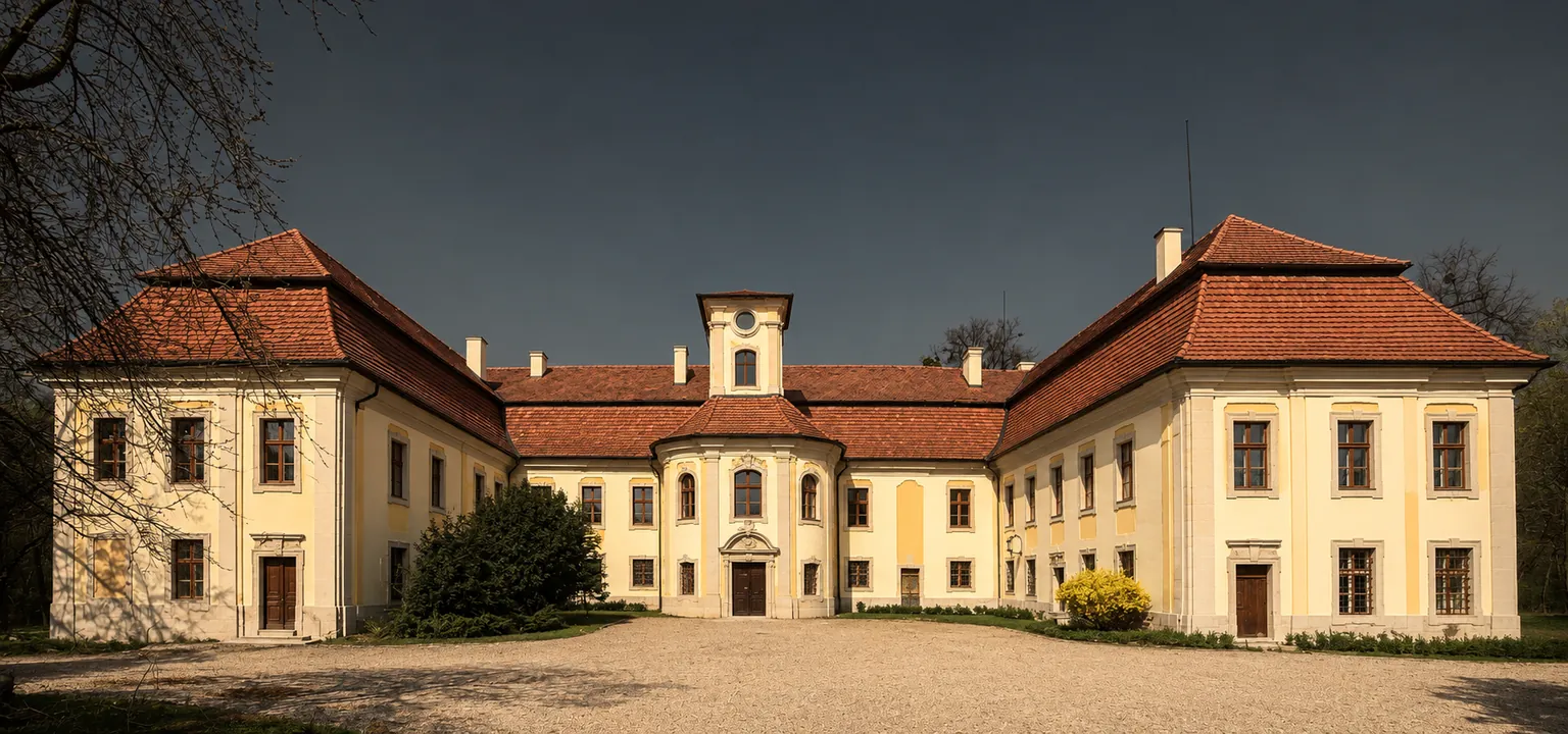 Wizualizacja AI: dziedziniec z odnowionymi elewacjami i dachami.