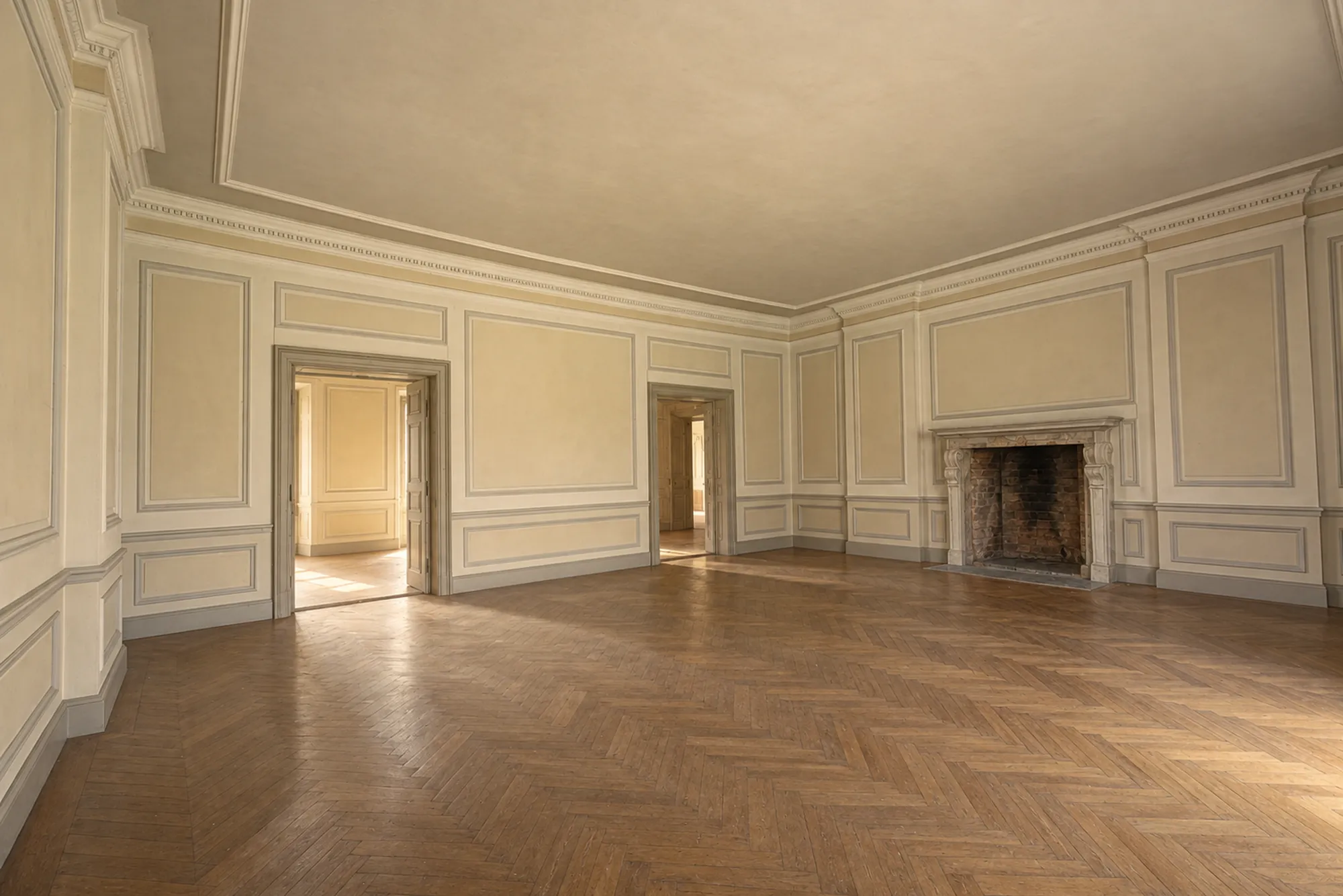 Wizualizacja AI: ta sama sala z odnowionym sufitem, boazerią i parkietem.