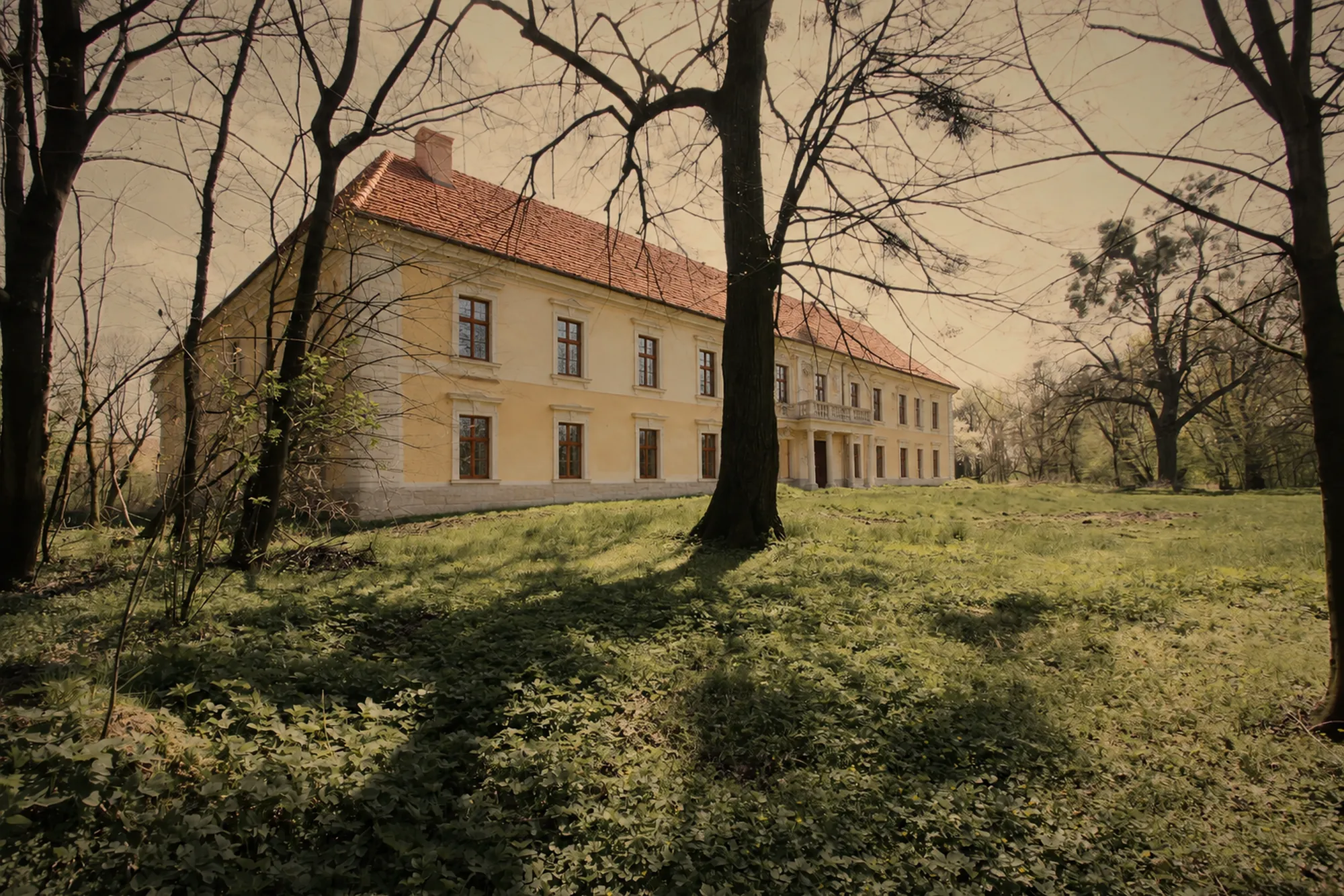 Wizualizacja AI: ten sam widok parku z odnowioną elewacją pałacu.